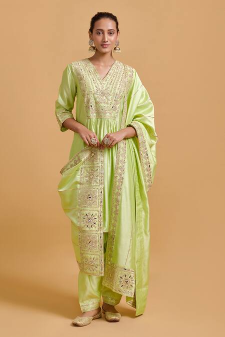 Gulabo By Abu Sandeep Green Modal, Chanderi Embroidery V-neck Pista Kurta And Salwar Set at Aza Fashions Gulabo By Abu Sandeep_Green Modal, Chanderi Embroidery V-neck Pista Kurta And Salwar Set _at_Aza_Fashions
