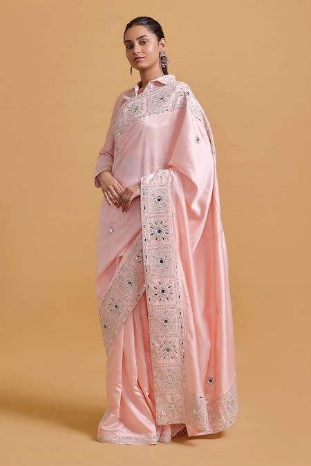 Shop_Gulabo By Abu Sandeep_Pink Modal, Chanderi Sequins, Embroidery Designer Saree _Online_at_Aza_Fashions