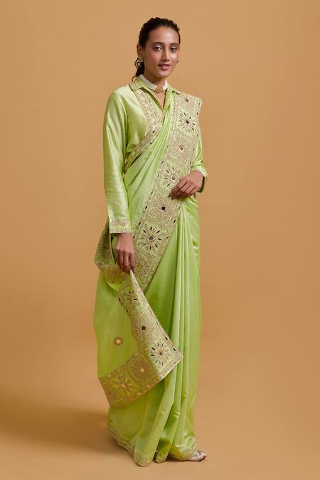Gulabo By Abu Sandeep Green Modal, Chanderi Sequins, Embroidery Pista Designer Saree Online at Aza Fashions Gulabo By Abu Sandeep_Green Modal, Chanderi Sequins, Embroidery Pista Designer Saree _Online_at_Aza_Fashions