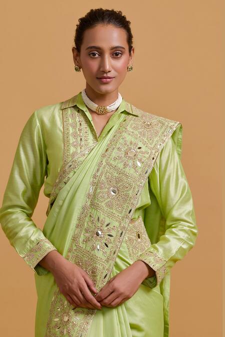 Buy Gulabo By Abu Sandeep Green Modal, Chanderi Sequins, Embroidery Pista Designer Saree Online at Aza Fashions Buy_Gulabo By Abu Sandeep_Green Modal, Chanderi Sequins, Embroidery Pista Designer Saree _Online_at_Aza_Fashions