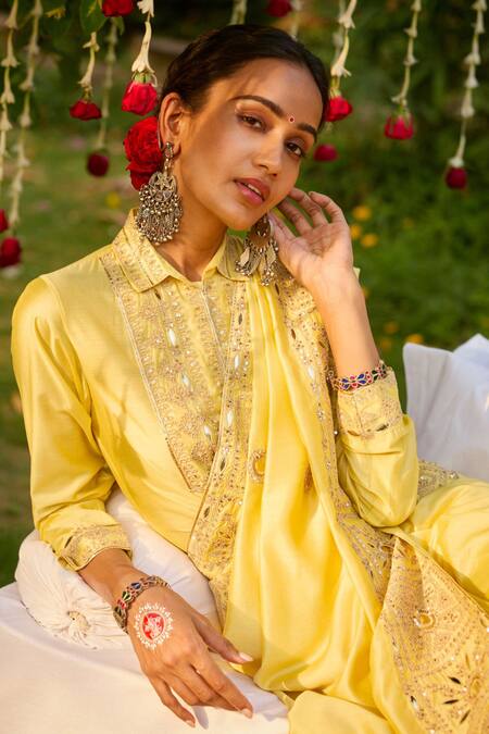 Gulabo By Abu Sandeep Yellow Modal, Chanderi Mirrors, Embroidery Designer Saree Online at Aza Fashions Gulabo By Abu Sandeep_Yellow Modal, Chanderi Mirrors, Embroidery Designer Saree _Online_at_Aza_Fashions
