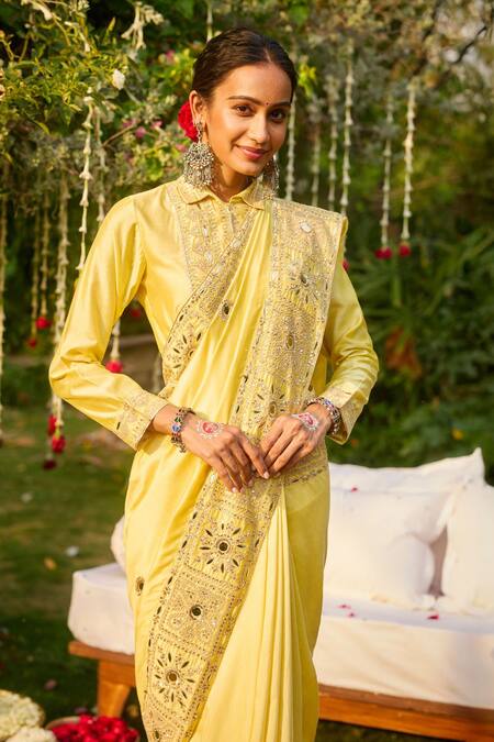 Buy Gulabo By Abu Sandeep Yellow Modal, Chanderi Mirrors, Embroidery Designer Saree Online at Aza Fashions Buy_Gulabo By Abu Sandeep_Yellow Modal, Chanderi Mirrors, Embroidery Designer Saree _Online_at_Aza_Fashions
