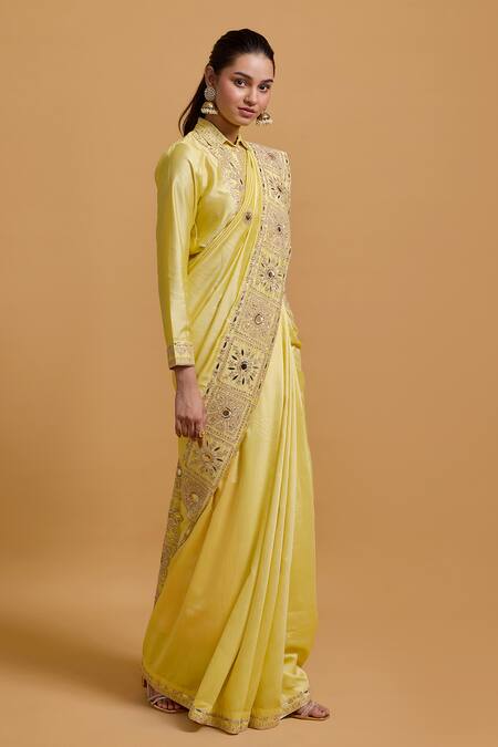 Shop Gulabo By Abu Sandeep Yellow Modal, Chanderi Mirrors, Embroidery Designer Saree Online at Aza Fashions Shop_Gulabo By Abu Sandeep_Yellow Modal, Chanderi Mirrors, Embroidery Designer Saree _Online_at_Aza_Fashions