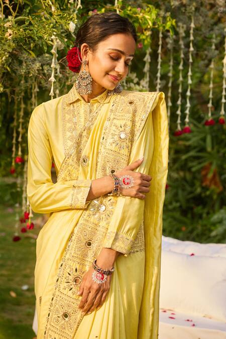 Gulabo By Abu Sandeep Yellow Modal, Chanderi Mirrors, Embroidery Designer Saree at Aza Fashions Gulabo By Abu Sandeep_Yellow Modal, Chanderi Mirrors, Embroidery Designer Saree _at_Aza_Fashions