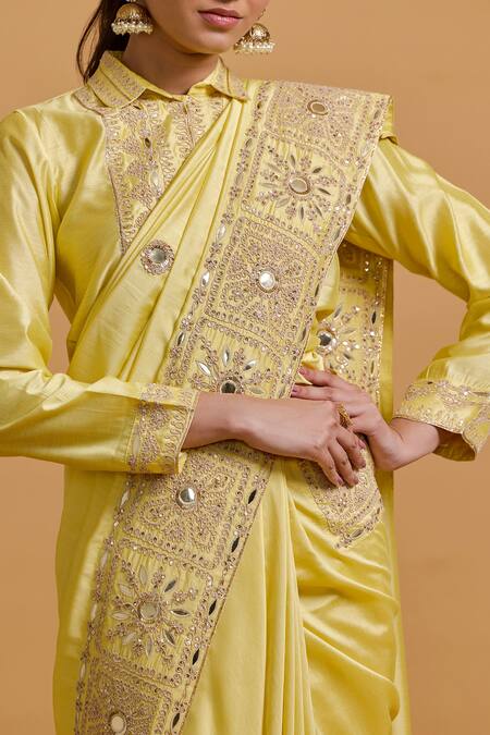 Buy Gulabo By Abu Sandeep Yellow Modal, Chanderi Mirrors, Embroidery Designer Saree Buy_Gulabo By Abu Sandeep_Yellow Modal, Chanderi Mirrors, Embroidery Designer Saree
