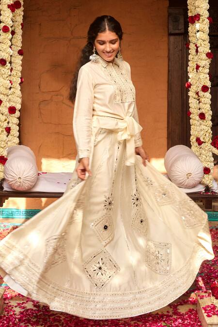 Gulabo By Abu Sandeep_Off White Modal, Chanderi Embroidery Lehenga Skirt _Online_at_Aza_Fashions