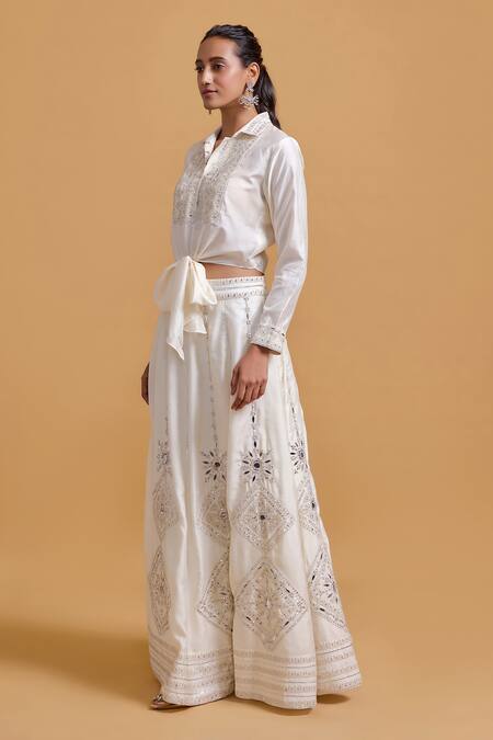 Shop_Gulabo By Abu Sandeep_Off White Modal, Chanderi Embroidery Lehenga Skirt _Online_at_Aza_Fashions