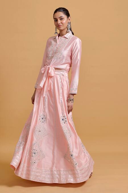Gulabo By Abu Sandeep_Pink Modal, Chanderi Sequins, Embroidery Lehenga Skirt _Online_at_Aza_Fashions