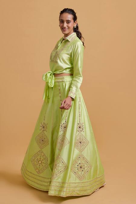 Gulabo By Abu Sandeep Green Modal, Chanderi Embroidery Pista Lehenga Skirt Online at Aza Fashions Gulabo By Abu Sandeep_Green Modal, Chanderi Embroidery Pista Lehenga Skirt _Online_at_Aza_Fashions