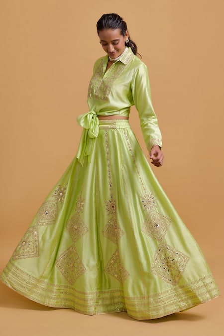 Shop Gulabo By Abu Sandeep Green Modal, Chanderi Embroidery Pista Lehenga Skirt at Aza Fashions Shop_Gulabo By Abu Sandeep_Green Modal, Chanderi Embroidery Pista Lehenga Skirt _at_Aza_Fashions