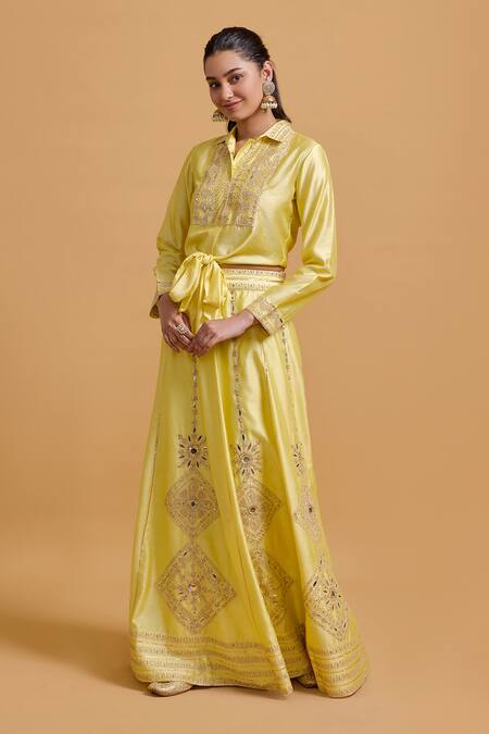 Gulabo By Abu Sandeep_Yellow Modal, Chanderi Embroidery Lehenga Skirt _Online_at_Aza_Fashions