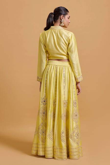 Shop_Gulabo By Abu Sandeep_Yellow Modal, Chanderi Embroidery Lehenga Skirt _at_Aza_Fashions