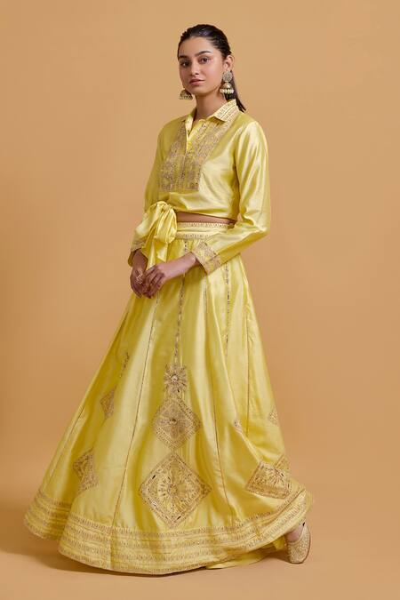 Buy_Gulabo By Abu Sandeep_Yellow Modal, Chanderi Embroidery Lehenga Skirt _Online_at_Aza_Fashions