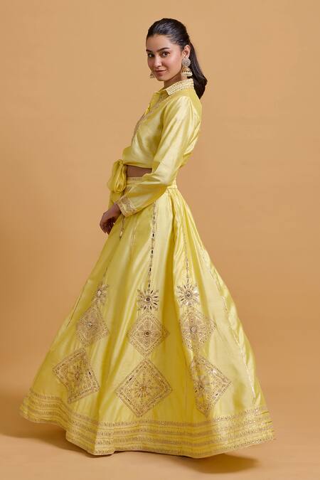Shop_Gulabo By Abu Sandeep_Yellow Modal, Chanderi Embroidery Lehenga Skirt _Online_at_Aza_Fashions