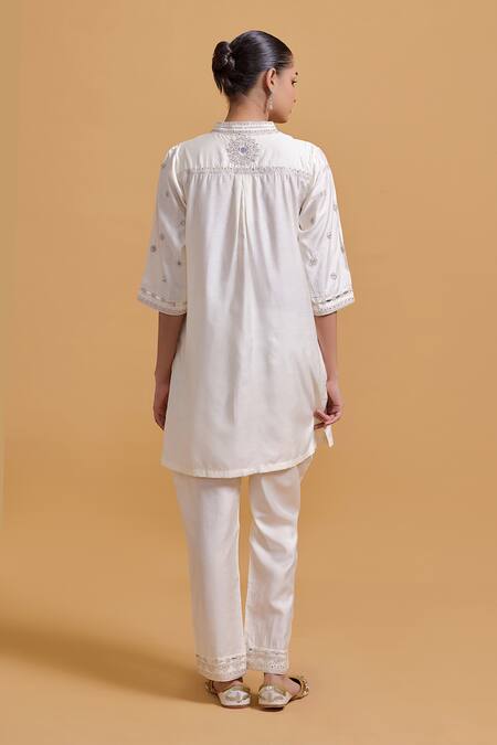 Gulabo By Abu Sandeep Off White Modal, Chanderi Embroidery, Mirrors Mandarin Collar Kurta Pant Set Online at Aza Fashions Gulabo By Abu Sandeep_Off White Modal, Chanderi Embroidery, Mirrors Mandarin Collar Kurta Pant Set _Online_at_Aza_Fashions