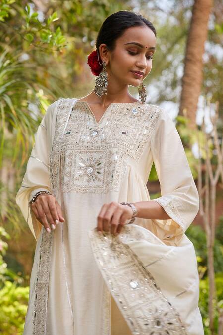 Buy Gulabo By Abu Sandeep Off White Modal, Chanderi Embroidery, Mirrors Mandarin Collar Kurta Pant Set Online at Aza Fashions Buy_Gulabo By Abu Sandeep_Off White Modal, Chanderi Embroidery, Mirrors Mandarin Collar Kurta Pant Set _Online_at_Aza_Fashions