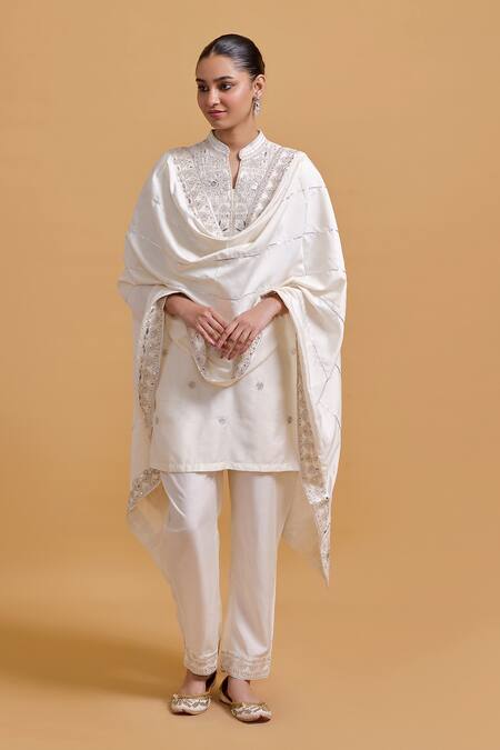 Shop Gulabo By Abu Sandeep Off White Modal, Chanderi Embroidery, Mirrors Mandarin Collar Kurta Pant Set Online at Aza Fashions Shop_Gulabo By Abu Sandeep_Off White Modal, Chanderi Embroidery, Mirrors Mandarin Collar Kurta Pant Set _Online_at_Aza_Fashions