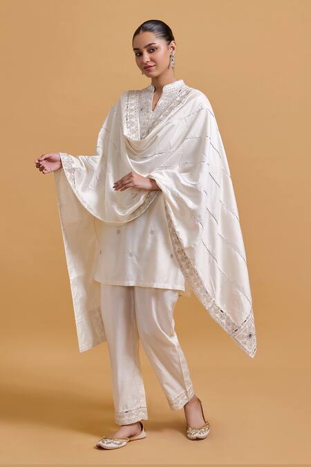 Shop Gulabo By Abu Sandeep Off White Modal, Chanderi Embroidery, Mirrors Mandarin Collar Kurta Pant Set Shop_Gulabo By Abu Sandeep_Off White Modal, Chanderi Embroidery, Mirrors Mandarin Collar Kurta Pant Set