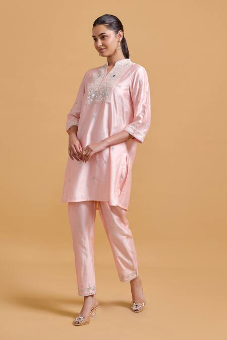 Gulabo By Abu Sandeep Pink Modal, Chanderi Embroidery Mandarin Collar Kurta Set Online at Aza Fashions Gulabo By Abu Sandeep_Pink Modal, Chanderi Embroidery Mandarin Collar Kurta Set _Online_at_Aza_Fashions