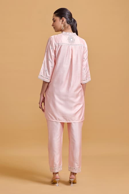 Shop Gulabo By Abu Sandeep Pink Modal, Chanderi Embroidery Mandarin Collar Kurta Set at Aza Fashions Shop_Gulabo By Abu Sandeep_Pink Modal, Chanderi Embroidery Mandarin Collar Kurta Set _at_Aza_Fashions