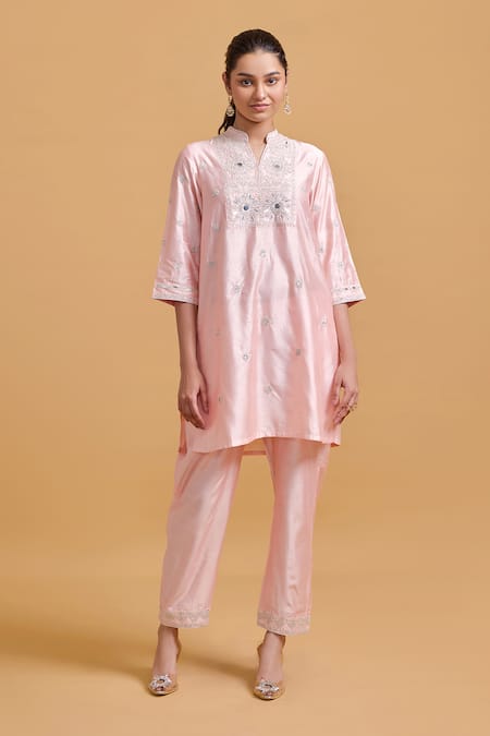 Gulabo By Abu Sandeep Pink Modal, Chanderi Embroidery Mandarin Collar Kurta Set 