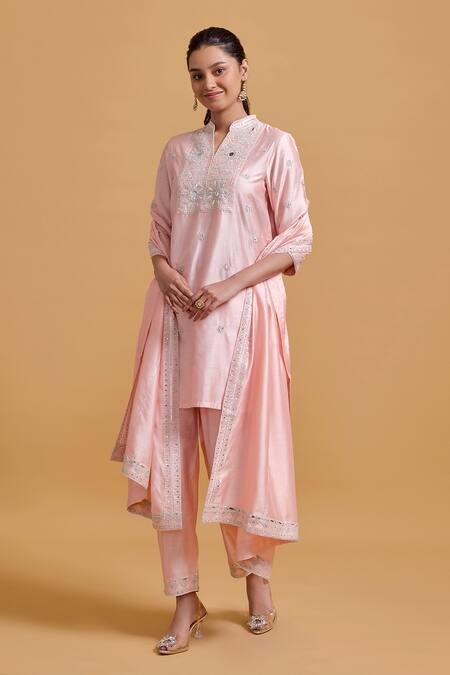 Shop Gulabo By Abu Sandeep Pink Modal, Chanderi Embroidery Mandarin Collar Kurta Set Online at Aza Fashions Shop_Gulabo By Abu Sandeep_Pink Modal, Chanderi Embroidery Mandarin Collar Kurta Set _Online_at_Aza_Fashions