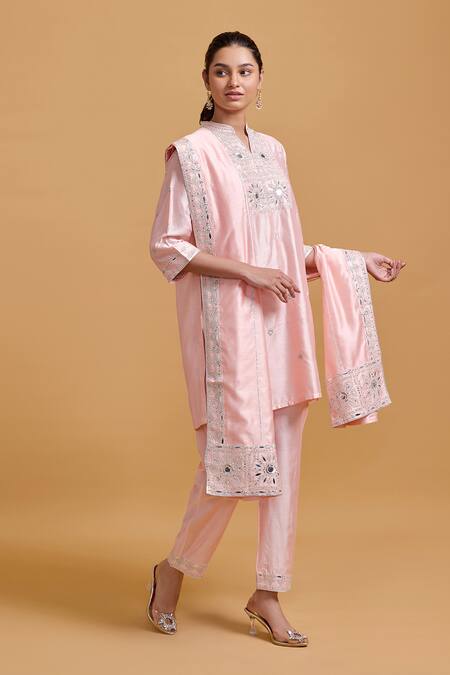 Gulabo By Abu Sandeep Pink Modal, Chanderi Embroidery Mandarin Collar Kurta Set at Aza Fashions Gulabo By Abu Sandeep_Pink Modal, Chanderi Embroidery Mandarin Collar Kurta Set _at_Aza_Fashions