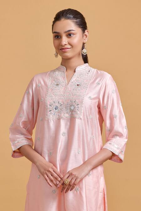 Buy Gulabo By Abu Sandeep Pink Modal, Chanderi Embroidery Mandarin Collar Kurta Set Buy_Gulabo By Abu Sandeep_Pink Modal, Chanderi Embroidery Mandarin Collar Kurta Set