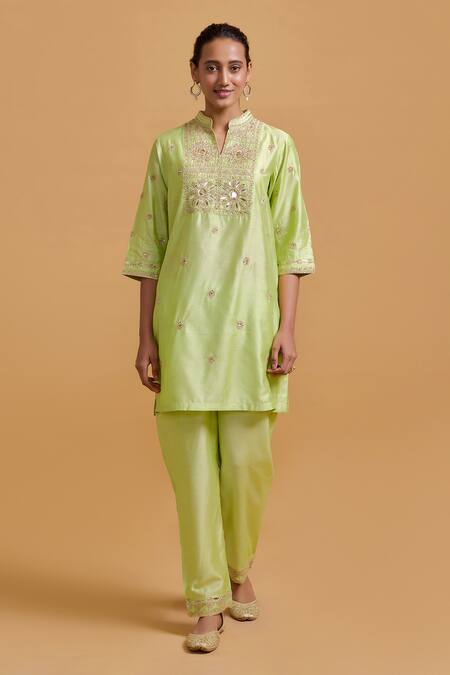 Gulabo By Abu Sandeep_Green Modal, Chanderi Sequins, Embroidery Mandarin Pista Kurta Pant Set _Online_at_Aza_Fashions