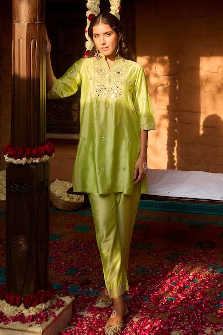 Gulabo by Abu Sandeep Pista Green Modal Chanderi Kurta Pant Set 