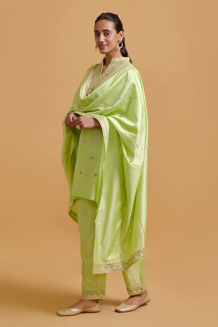 Buy_Gulabo By Abu Sandeep_Green Modal, Chanderi Sequins, Embroidery Mandarin Pista Kurta Pant Set _Online_at_Aza_Fashions