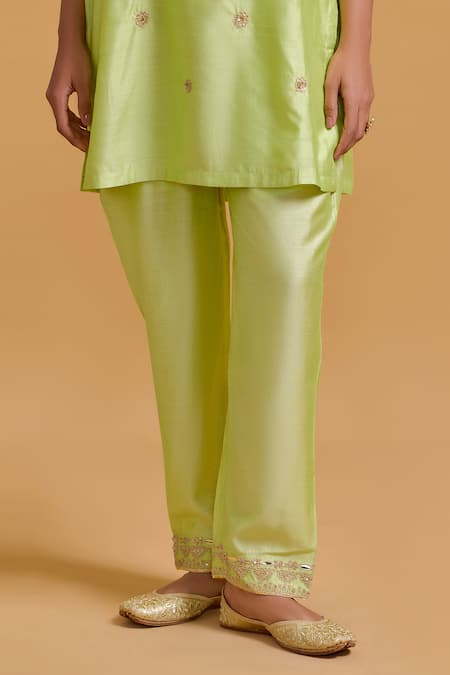 Shop_Gulabo By Abu Sandeep_Green Modal, Chanderi Sequins, Embroidery Mandarin Pista Kurta Pant Set _Online_at_Aza_Fashions