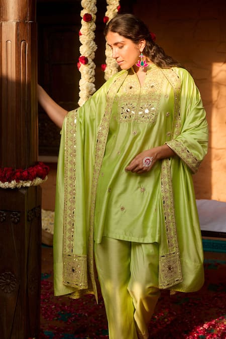 Gulabo By Abu Sandeep_Green Modal, Chanderi Sequins, Embroidery Mandarin Pista Kurta Pant Set _at_Aza_Fashions