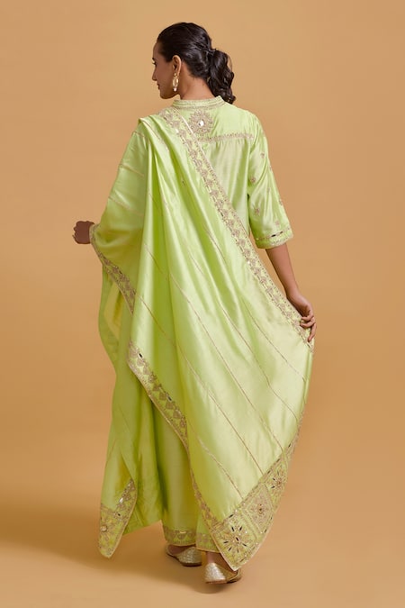 Shop_Gulabo By Abu Sandeep_Green Modal, Chanderi Sequins, Embroidery Mandarin Pista Kurta Pant Set _at_Aza_Fashions