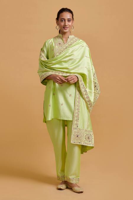 Buy_Gulabo By Abu Sandeep_Green Modal, Chanderi Sequins, Embroidery Mandarin Pista Kurta Pant Set 