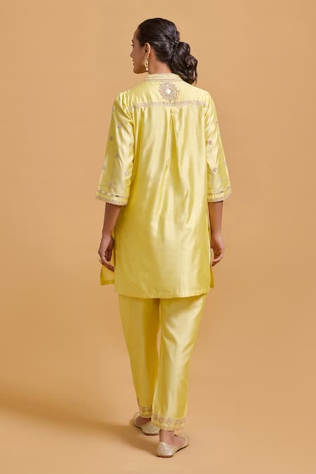 Shop_Gulabo By Abu Sandeep_Yellow Modal, Chanderi Sequins Mandarin Collar Embroidered Kurta And Pant Set _at_Aza_Fashions