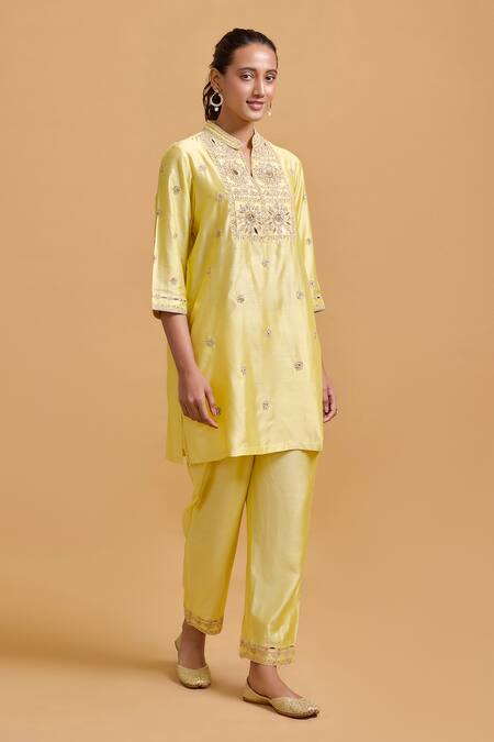 Gulabo By Abu Sandeep_Yellow Modal, Chanderi Sequins Mandarin Collar Embroidered Kurta And Pant Set _Online_at_Aza_Fashions