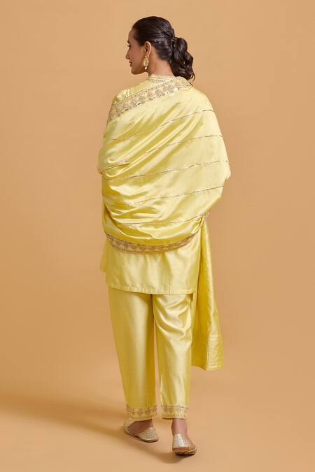 Buy_Gulabo By Abu Sandeep_Yellow Modal, Chanderi Sequins Mandarin Collar Embroidered Kurta And Pant Set _Online_at_Aza_Fashions