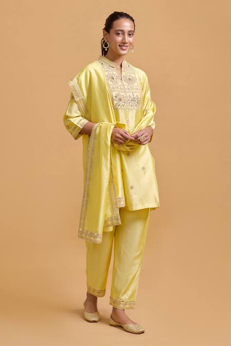 Shop_Gulabo By Abu Sandeep_Yellow Modal, Chanderi Sequins Mandarin Collar Embroidered Kurta And Pant Set _Online_at_Aza_Fashions