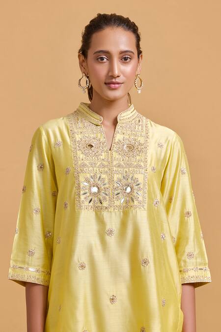 Gulabo By Abu Sandeep_Yellow Modal, Chanderi Sequins Mandarin Collar Embroidered Kurta And Pant Set _at_Aza_Fashions