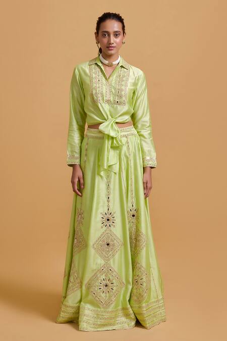 Gulabo By Abu Sandeep Green Modal, Chanderi Embroidery Collared Pista Designer Top Online at Aza Fashions Gulabo By Abu Sandeep_Green Modal, Chanderi Embroidery Collared Pista Designer Top _Online_at_Aza_Fashions