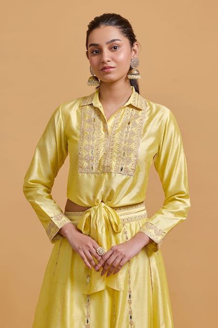 Gulabo by Abu Sandeep Embroidered Yellow Modal Chanderi Top 