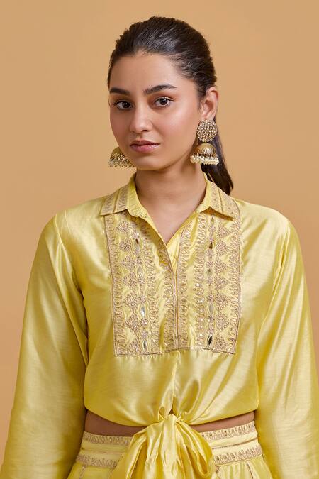 Gulabo By Abu Sandeep Yellow Modal, Chanderi Embroidery Collared Top Online at Aza Fashions Gulabo By Abu Sandeep_Yellow Modal, Chanderi Embroidery Collared Top _Online_at_Aza_Fashions