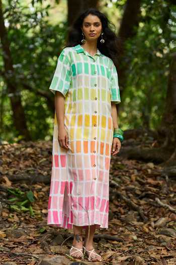 Buy_Dash And Dot_Multi Color Viscose, Linen Collared Multicolored Hand Painted Midi Shirt Dress _Online_at_Aza_Fashions