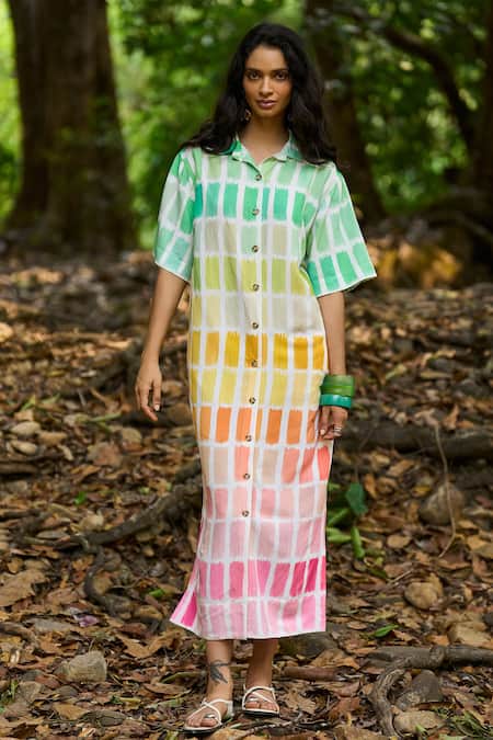 Dash And Dot Multicolored Hand Painted Midi Shirt Dress 