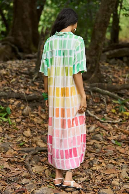 Dash And Dot Multicolored Hand Painted Midi Shirt Dress 