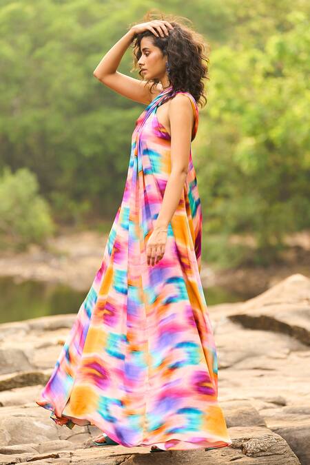 Dash And Dot Multi Color Viscose Halter Neck Printed Maxi Dress at Aza Fashions Dash And Dot_Multi Color Viscose Halter Neck Printed Maxi Dress _at_Aza_Fashions