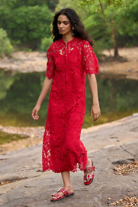 Dash And Dot_Red Polyester Lace Round Neck Midi Dress _Online_at_Aza_Fashions