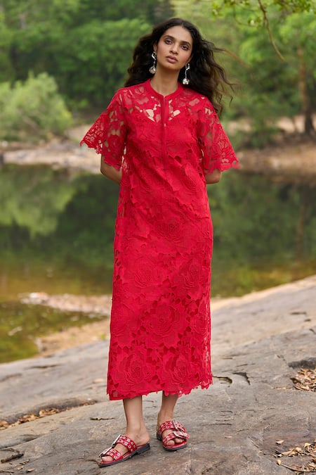 Dash And Dot Red Polyester Lace Round Neck Midi Dress 