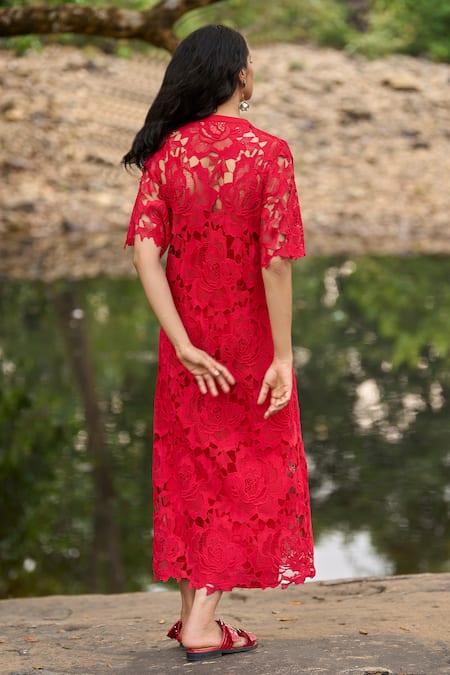 Shop_Dash And Dot_Red Polyester Lace Round Neck Midi Dress _at_Aza_Fashions